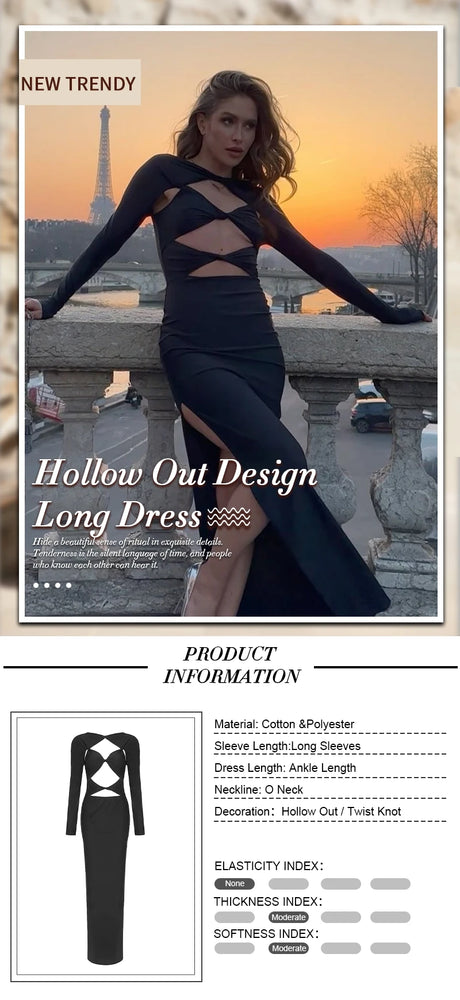 VC 2026 New Sexy Cutout Dresses For Women Sexy Hollow Out Design Long Sleeves Black Gowns Special Events