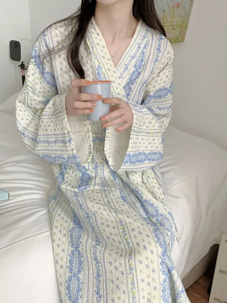 Sweet, Fresh, And Retro Striped Floral Nightgown and Pajamas for Women: Long-Sleeve Bathrobe and Loungewear for Spring and Fall