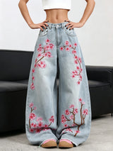 American Retro Plum Blossom Embroidery Design Blue Women's Loose Wide-Leg Jeans Y2K Street Fashion Versatile Straight Trousers