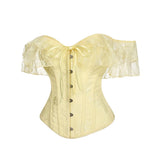 Women Sky Blue Retro Jacquard Corset Tops Lace Short Sleeved One Shoulder Sexy Slimming Shaper Overbust Bustiers Lingerie