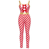 Christmas Candy Cane Women Cosplay Jumpsuit Gold Waistband Spaghetti Strap Romper Holiday Fancy Dress Xmas Themed Party Costume