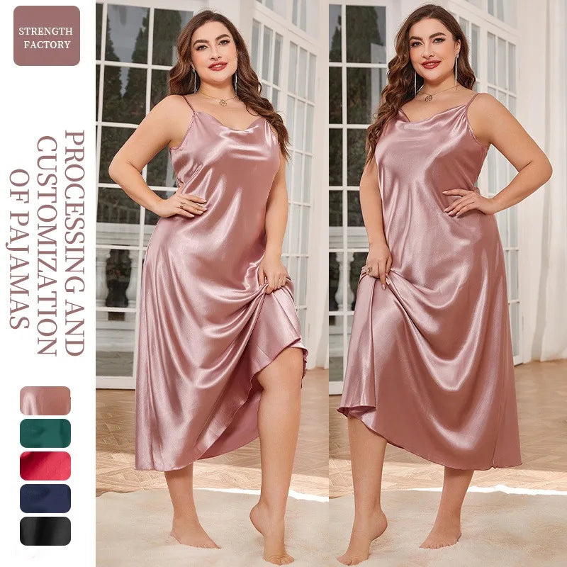 2025 New Women's Fashionable Sexy Plus Size 2XL Long Silk-Like Sling Nightgown Breathable Casual Sleepwear Loungewear