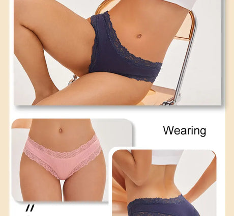 3PCS/Set Sexy Lace Seamless Cotton Brazilian Panties Women Ribbed Intimates Breathable Panties Low Waist Female Cotton Underwear