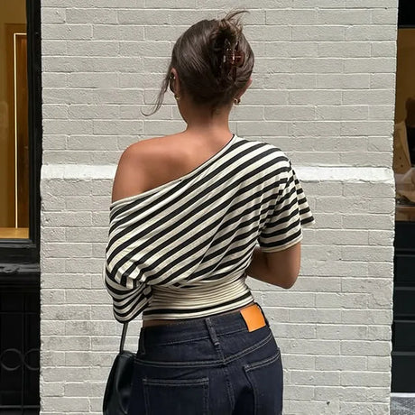 2026 New Autumn Women Vintage Striped Off Shoulder T-shirt Waist Cinching Slim Fit Daily Wear Ladies Tops