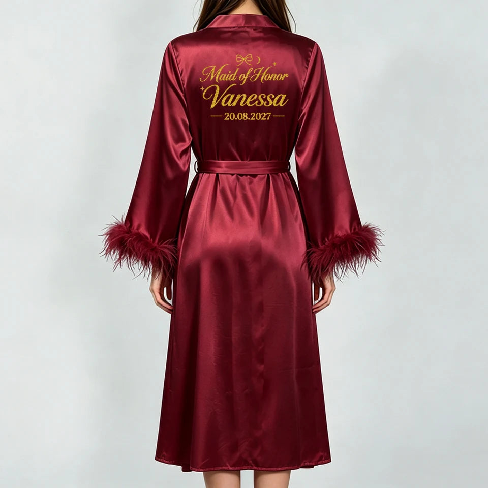 Custom Name Bride Robe Satin Feather Bridesmaid Robes Personalized Wedding Morning Gown Bachelorette Party Bathrobe