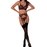 Women's 4-Piece Sheer Lace Lingerie Set Crisscross Strap Bra Garter Belt Long Socks Seductive Intimate Underwear