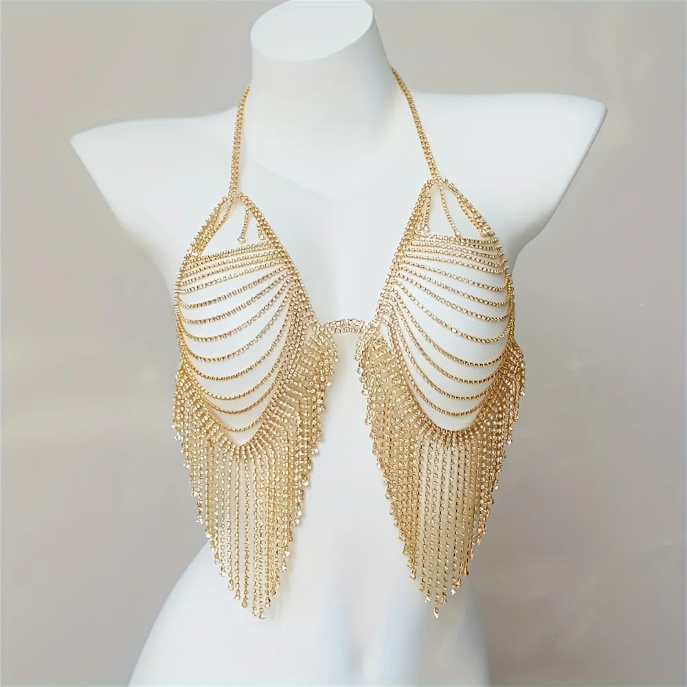 Bikini Crystal Bra Chain Sexy Rhinestone Thong Suit Body Fringed Bra Lumbar Abdominal Chain Women Sexy Underwear Accessories