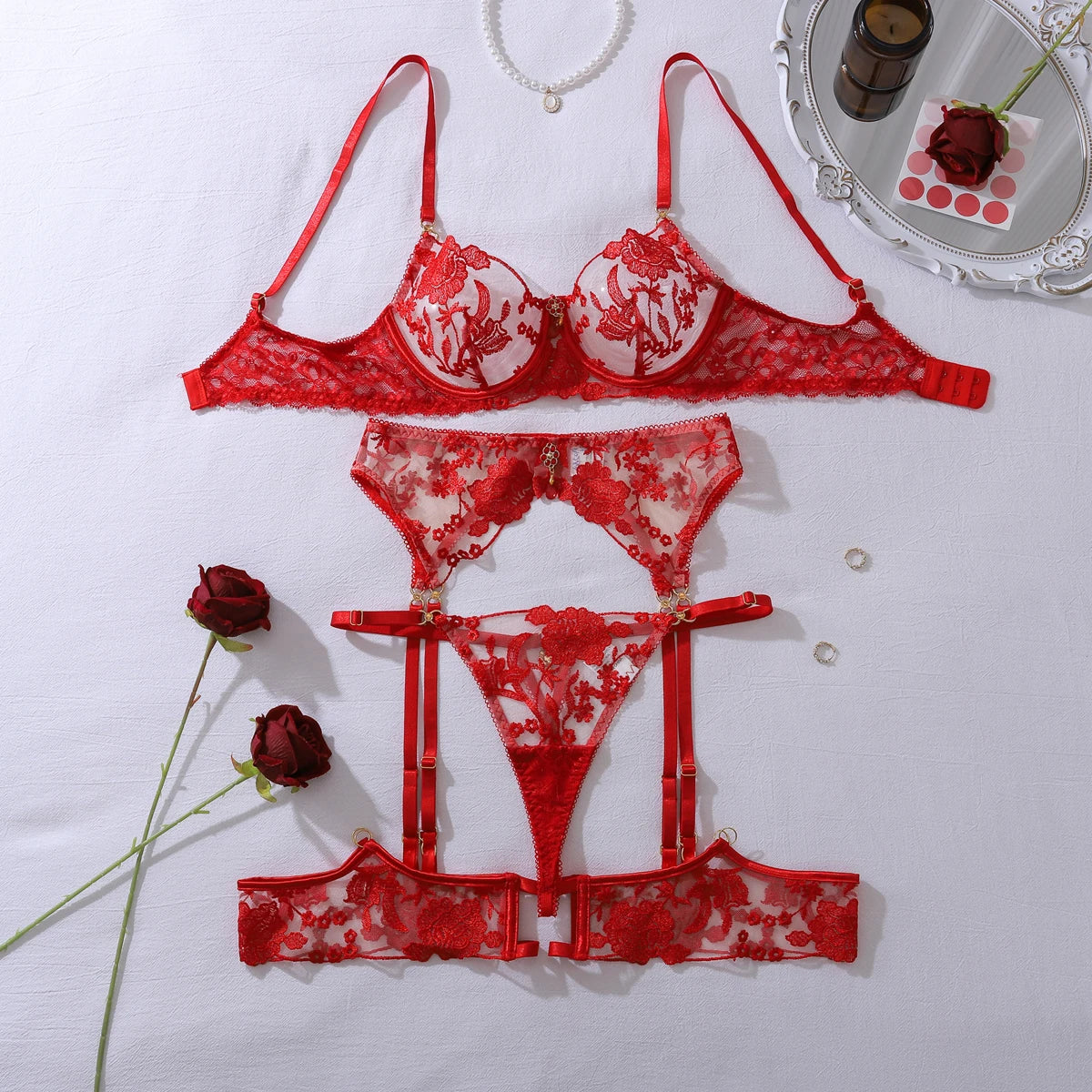 Heavy industry embroidery sequin red slim fit perspective high-end splicing gemstone decoration sexy lingerie four piece set