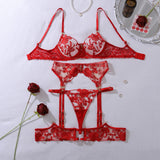 Heavy industry embroidery sequin red slim fit perspective high-end splicing gemstone decoration sexy lingerie four piece set