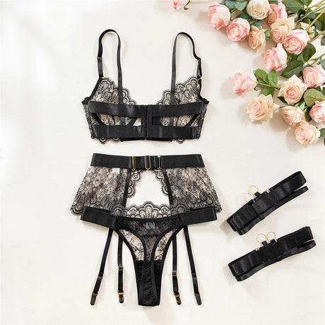 Krasapt Luxury Black Flower Embroidery Lingerie 4 Pcs Sets Fancy Mesh Transparent Metal Buckle Bra And Thong Garter Erotic Set