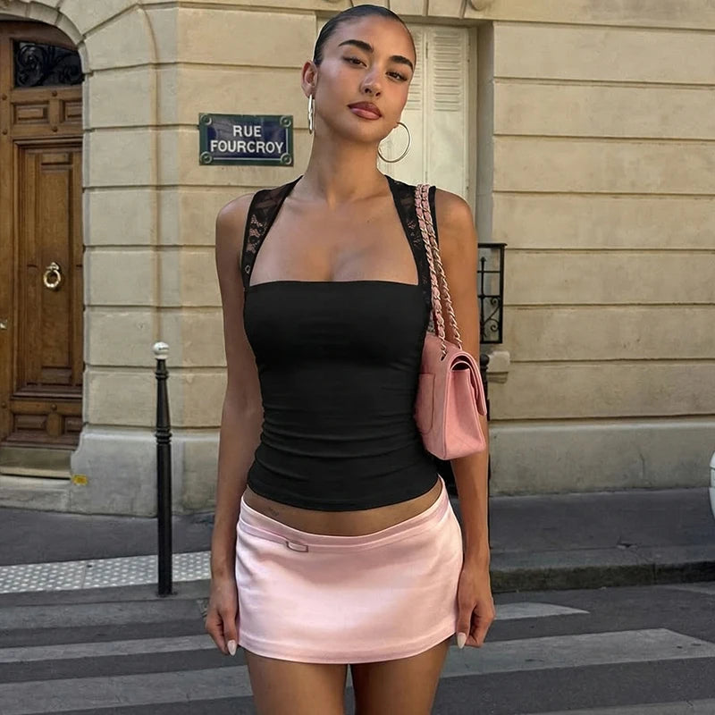 Hugcitar Summer Square Collar Solid Patchwork Lace Sexy Crop Tank Top Fashion Female Clothes Streetwear Vacation Club
