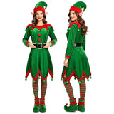 Adult Christmas Themed Elf Cosplay Costume Set Full Outfit with Long-Sleeve Green Dress for Holiday Parties Christmas Attire