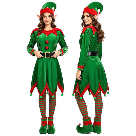 Adult Christmas Themed Elf Cosplay Costume Set Full Outfit with Long-Sleeve Green Dress for Holiday Parties Christmas Attire