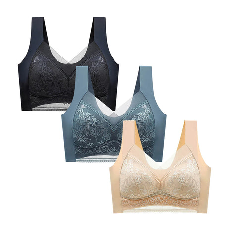 FallSweet 3PCS Lace Push Up Bras for Women Sexy Wireless Bra Ice Silk Deep V Bralette Tops Female Lingerie Mom's Underwear L-5XL
