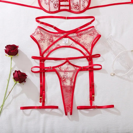 Women's Red Floral Embroidered Lingerie Set 4 Piece Underwire Bra Garter Belt Panty Stockings Sexy Nightwear Set Elegant Trendy