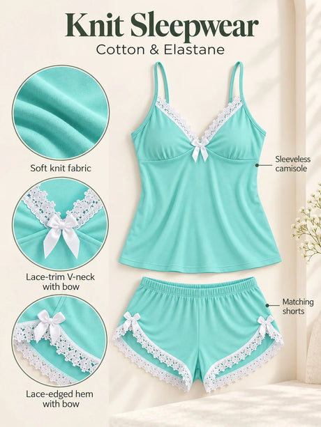 Women's Lace Trim Camisole Shorts Pajama Set, V Neck Bow Detail Sleeveless Two Piece Sleepwear in Solid and Printed Colors