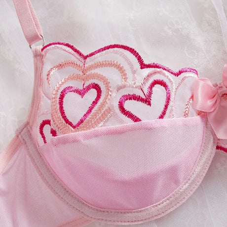 Pink Floral Lace Bra Perspective Mesh Bow Skirt Sex Set Pink Lingerie Set