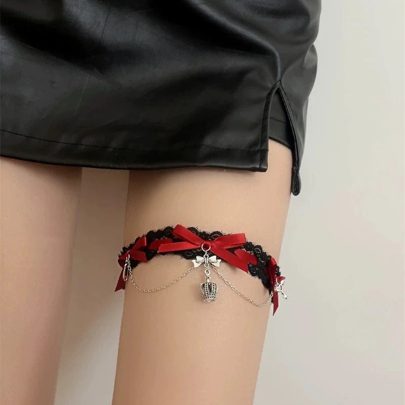 Dark Lolita Red Black Lace Crown Thigh Garter Gothic Bowknot Leg Chain JK Elastic Adjustable Thigh Ring Leg Harness Accessory