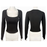 Long Sleeve T-shirt Slim Tops Sexy Woman Clothing Square-Cut Collar Close-fitting Tee Shirt Street Wear Fall 2025 New 2523