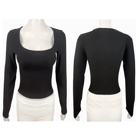 Long Sleeve T-shirt Slim Tops Sexy Woman Clothing Square-Cut Collar Close-fitting Tee Shirt Street Wear Fall 2025 New 2523