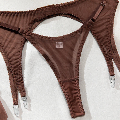 Ellolace Solid Lingeries Sexy Hot Sissy See Through Mesh Bra 3PC Set with Stockings Tempted Underwear Fancy Erotic Clubwear
