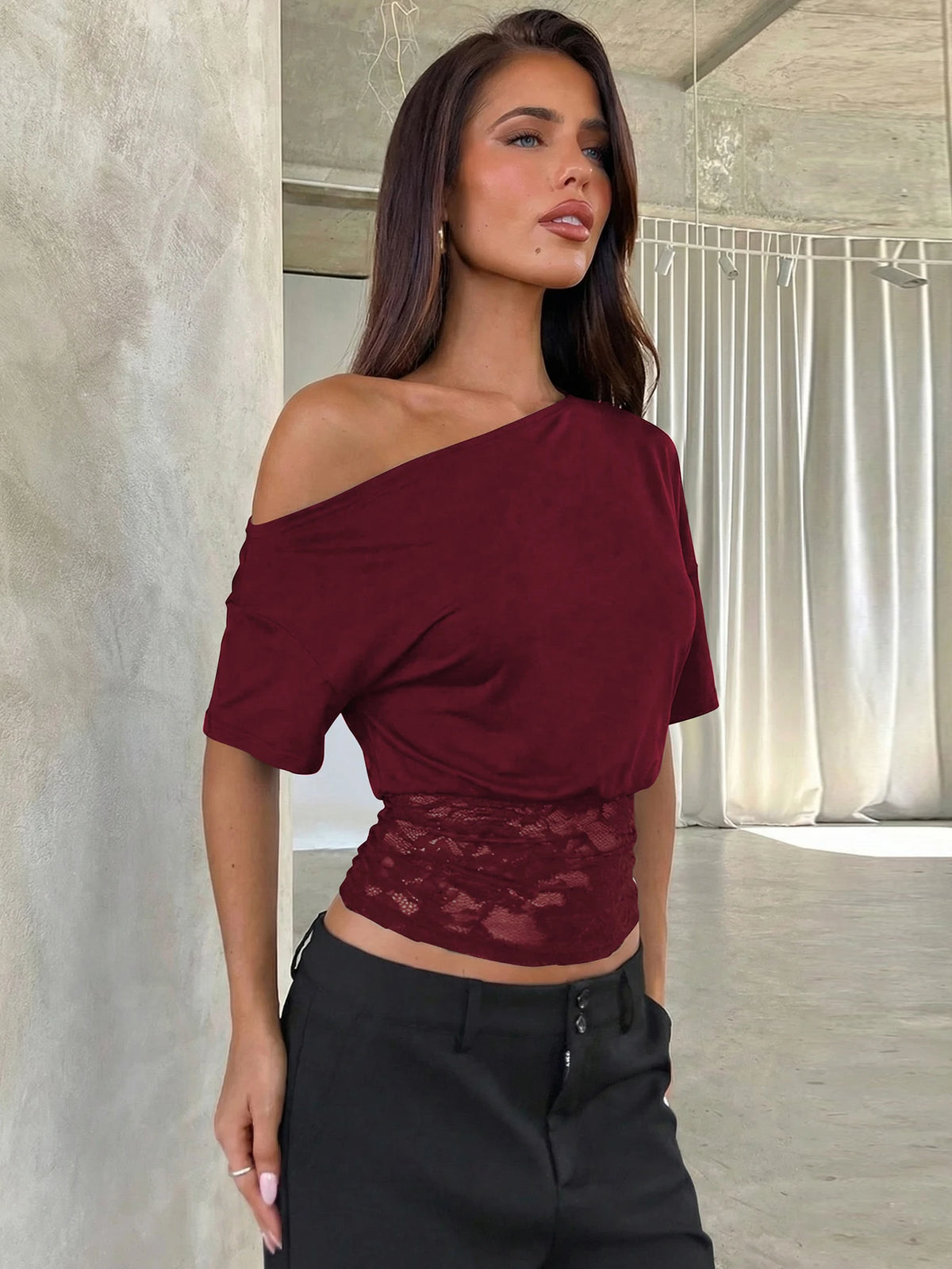 Dulzura Inclined Shoulder Short Sleeve Slim Lace Patchwork T-Shirt Women'S Vintage Sexy Casual Y2K Top Party Club Summer Clothes