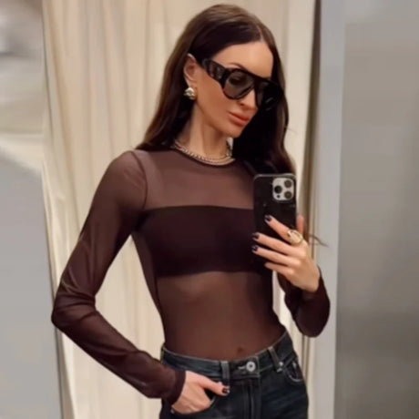 HXAO Brown Transparent Mesh Bodysuit Women 2026 Sexy Slimming Long Sleeve Lingerie Top Chic Tulle Bodycon Thong Fishnet Bodysuit