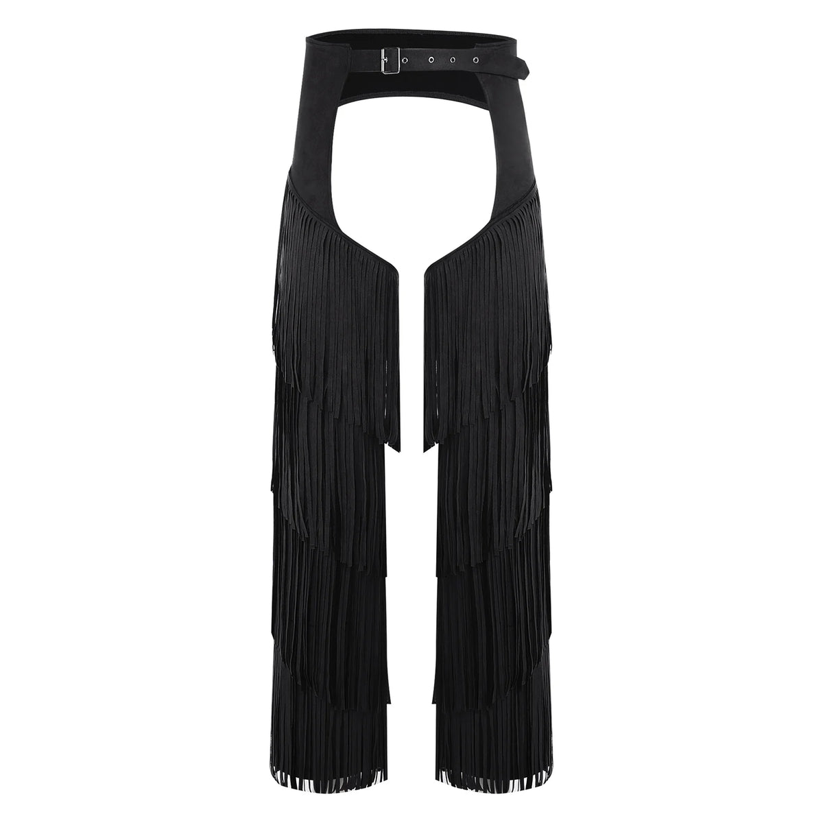 Mens Western Cowboy Chaps Fuax Suede Tassel Hollow Out Open Crotch Long Pants Adjustable Buckles Waist Motorcycle Biker Trousers