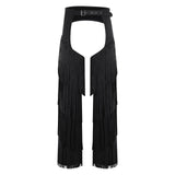 Mens Western Cowboy Chaps Fuax Suede Tassel Hollow Out Open Crotch Long Pants Adjustable Buckles Waist Motorcycle Biker Trousers