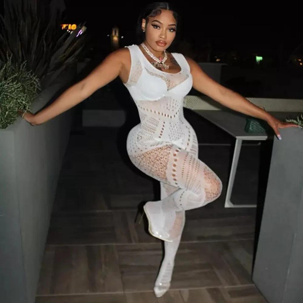 New Fishnet Bodysuits One-piece White Jumpsuit Erotic Exotic Mesh Full Body Stockings Clothing Hot Midnight Party Club Wear