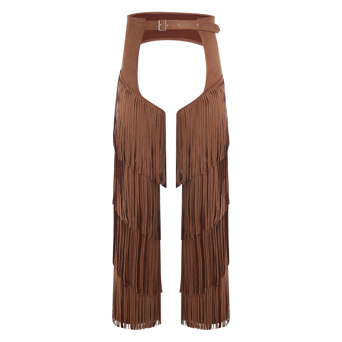 Mens Western Cowboy Chaps Fuax Suede Tassel Hollow Out Open Crotch Long Pants Adjustable Buckles Waist Motorcycle Biker Trousers