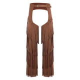 Mens Western Cowboy Chaps Fuax Suede Tassel Hollow Out Open Crotch Long Pants Adjustable Buckles Waist Motorcycle Biker Trousers