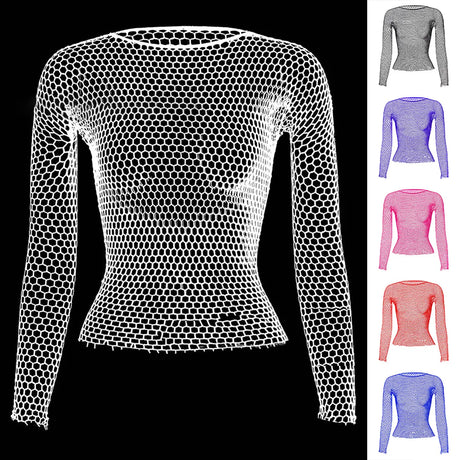 Womens Sexy Mesh Long Sleeve Fishnets Top Sexy Long Sleeved Fishing Net Top Female T-shirts Crop Soft Top