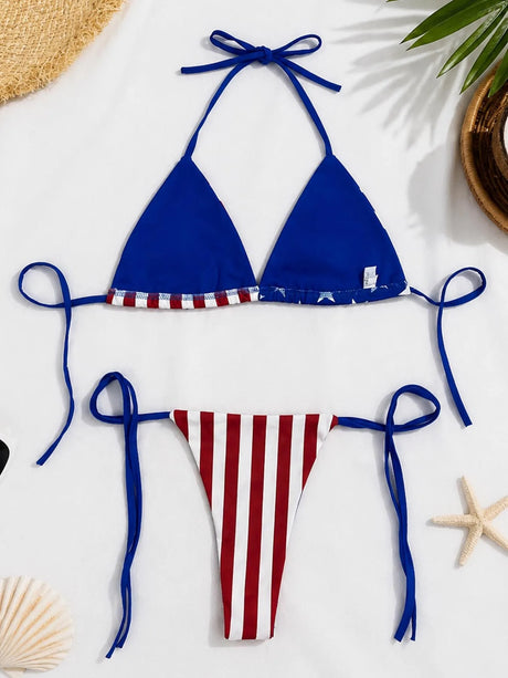 Women American Flag Print Triangle Bikini Set Halter Self Tie Top Side String Thong Bottom 4th of July Patriotic Beach Swimsuits
