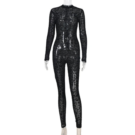 Women's jumpsuit sexy midnight club animal instinct mesh tight stockings leopard print transparent velvet long sleeved jumpsuit