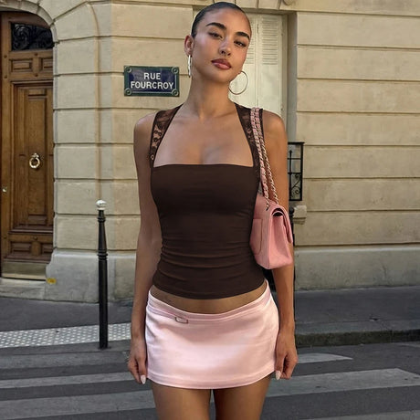 Hugcitar Summer Square Collar Solid Patchwork Lace Sexy Crop Tank Top Fashion Female Clothes Streetwear Vacation Club