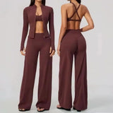 Women's 2/3Pcs Yoga Set Zip Jacket Sports Bra Cross Back Wide Leg Flare Pants Push Up Gym Set Workout Running Fitness Activewear