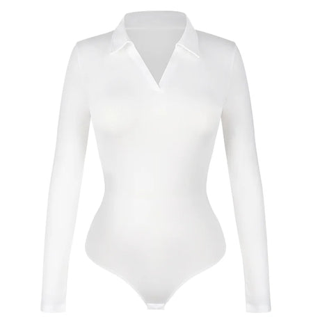 Women Sexy Long Sleeve Bodysuit Turn-down Collar V Neck Shapewear Tummy Control Butt Lift Shirt Seam-free Compression