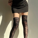 Women Fishnets Stockings Sexy Lace Fishnet Floral Knee High Socks Breathable Hollow-out JK Mesh Lolita Retro Thigh Highs Socks