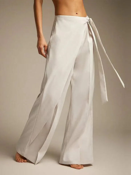 Women High Waist Wide Leg Pants Loose Wrap Tie Knot Asymmetric Pleated Trousers Beach Casual Bottoms