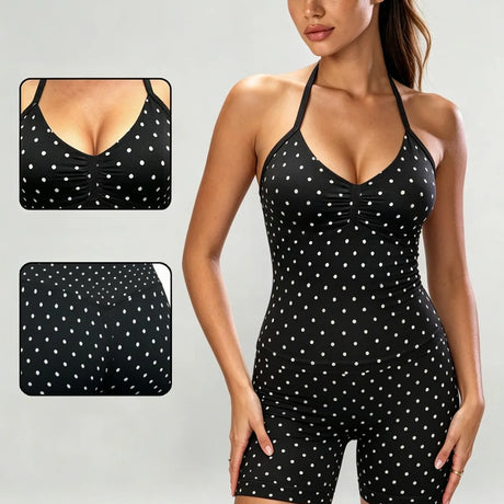 Polka Dot Yoga Set Halter Sports Bra High Waist Booty Shorts Push Up Gym Outfit for Running Fitness