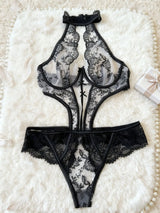 Toucheart Erotic Bodysuit Sexy Embroidered Underwire  Push-up Backless with Detachable Shoulder Straps See-through Halter Neck