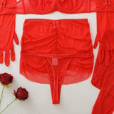 Seductive Red Women's Lingerie Sets Wild Sexy Sheer Mesh Double Strap Halter Bra Panty Mini Skirt Gloves Stocking 5PC Erotic Set