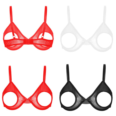 Women's Sheer Mesh Hollow Out Open Nipples Underwired Bra Tops  Push Up Unlined Bralette Bra Sexy Brassiere Balconette Underwear