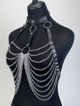 Women Gothic PU Leather Chest Harness Belt with Chain Bra Strap Adjustable Punk Y2K Body Harness Festival Layering Accessory