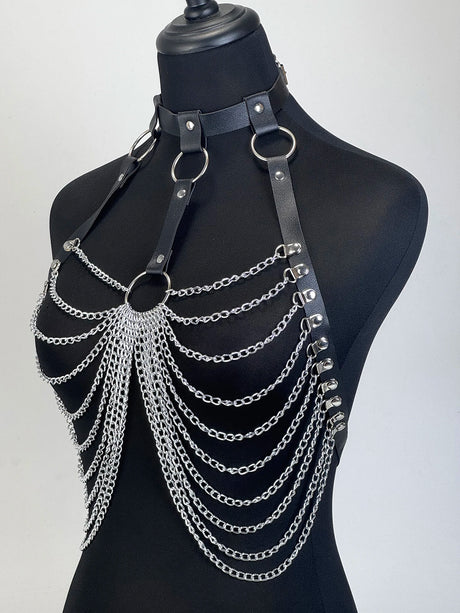 Women Gothic PU Leather Chest Harness Belt with Chain Bra Strap Adjustable Punk Y2K Body Harness Festival Layering Accessory