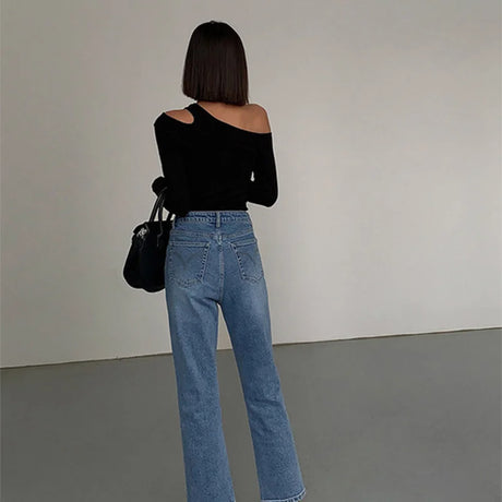 Fashion Skew Collar Off-shoulder Long-sleeved T-shirts Women Spring 2023 New Solid Slim Fit Crop Top Sexy Hollow Out Tees Shirts