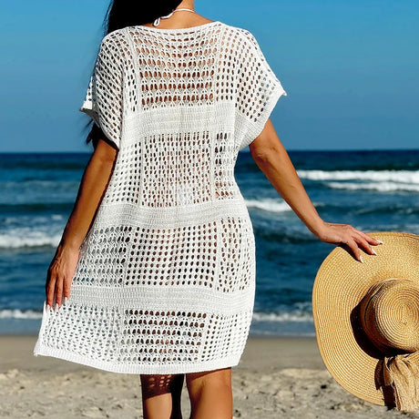 Knitting V-Neck Sexy Hollow Out Beach Bikini Cover-Ups Ladies Summer Vacation Casual Loose Beachwear Sunscreen Smock