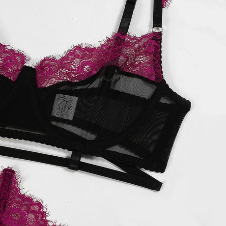 Eyelash Lace 3Pcs Lingerie Set Women Underwire Push Up Sheer Mesh Bra Hollow Strap Garter Belt Thigh Rings Valentine Honeymoon