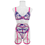 Pink Fancy Lingerie Floral Luxury Lace See Through Underwear Sensual Garter Belt Set Contrast Color Fairy Outfit